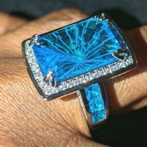 12 Tcw Swiss Blue Topaz & White Sapphire 925 Sterling silver Statement Ring Sz9